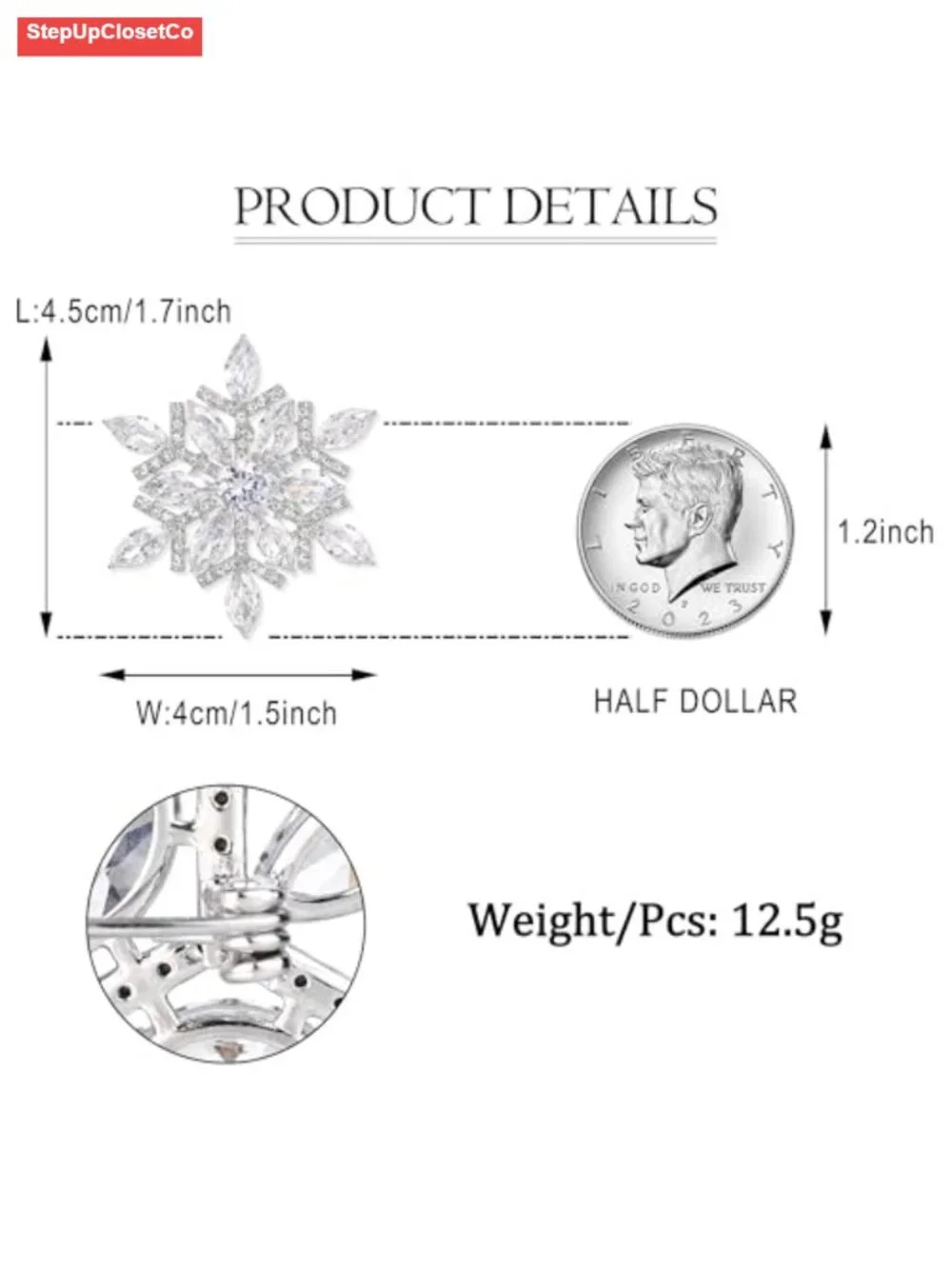 Cubic Zirconia Snowflake Brooch Pin Clear Silver-Tone Winter Bridal Corsage